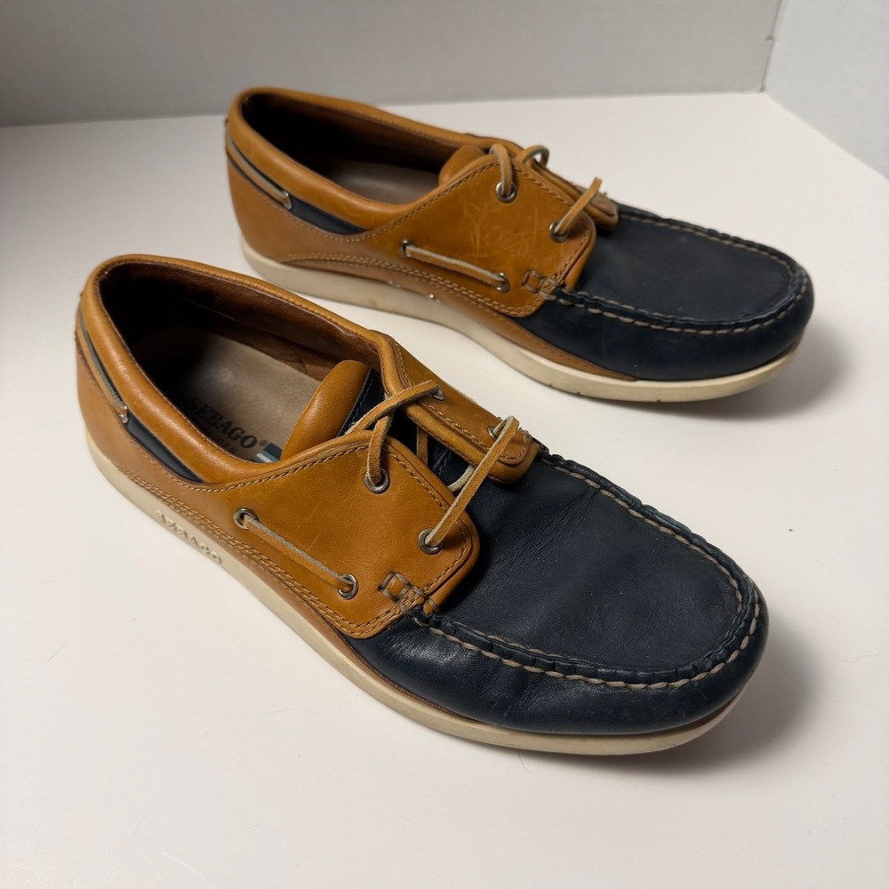 Sebago Dockside Boat Shoes Womens 10 Navy Tan Leather Preppy Nautical Old Money